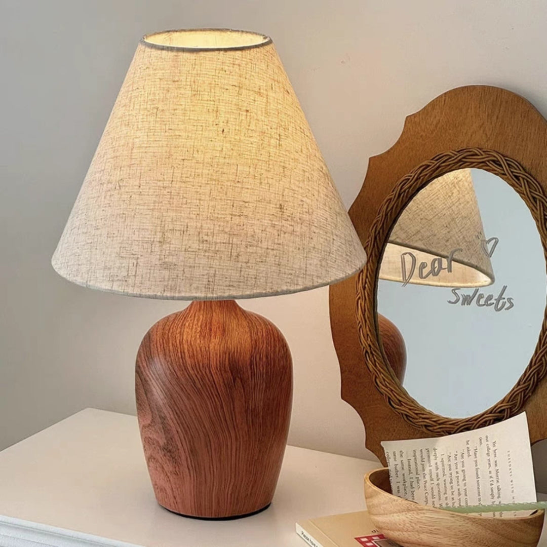 American Modern Medieval Style Walnut Bedside Lamp with Linen Shade – Retro Touch for Bedroom