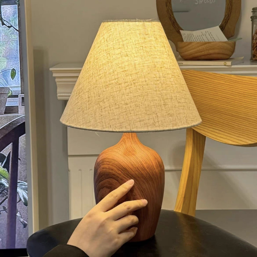 American Modern Medieval Style Walnut Bedside Lamp with Linen Shade – Retro Touch for Bedroom